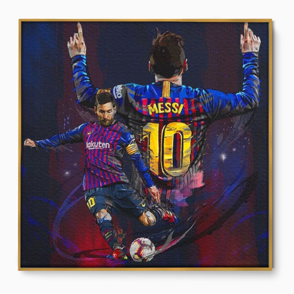 Tablou canvas cu tablou canvas cu fotbalistul lionel messi, in rama de aluminiu auriu